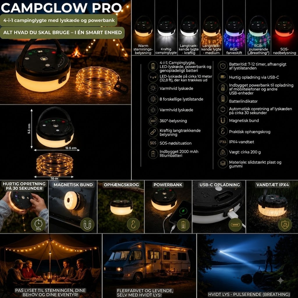 CampGlow PRO – 4-i-1 genopladelig campinglampe
