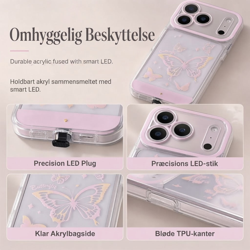 ⏰ Lysende LED-Mobilcover med Sommerfugl | Selvlysende