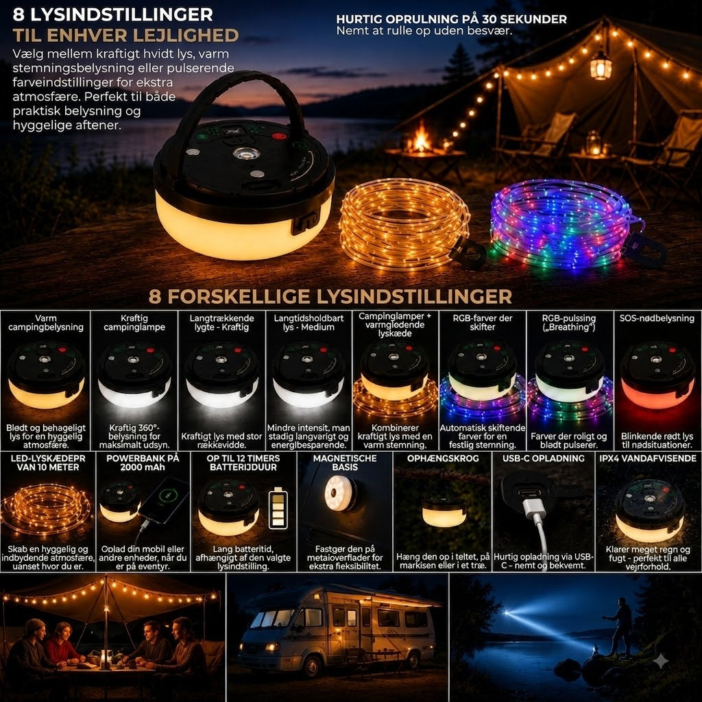 CampGlow PRO – 4-i-1 genopladelig campinglampe