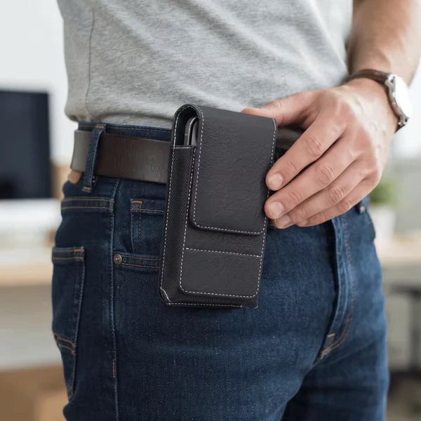 Bæltetaske i læder til mobiltelefon