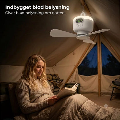 Genopladelig ventilator med LED-belysning – afkøling og klart lys overalt ✨