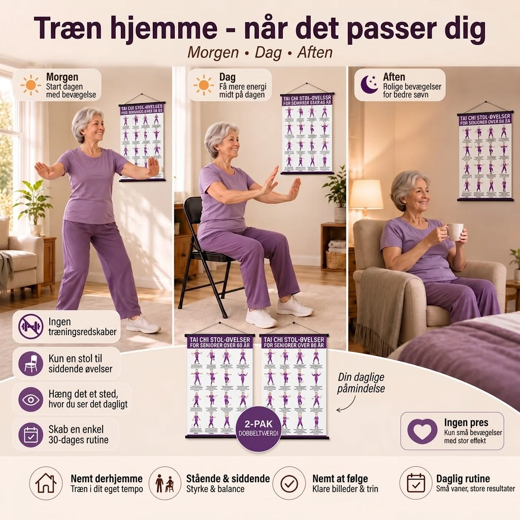 Tai Chi stoletræning – Sæt med 2 plakater til nem hjemmetræning (60+)