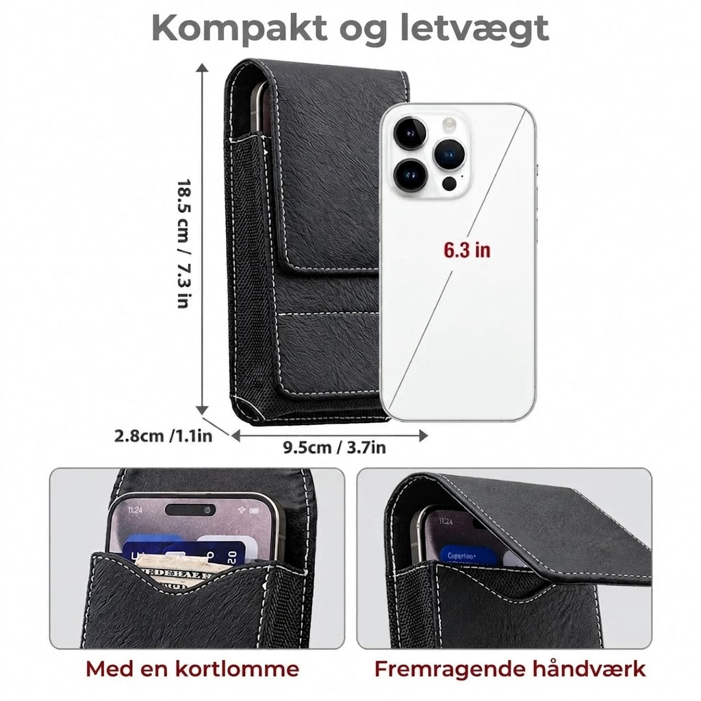 Bæltetaske i læder til mobiltelefon