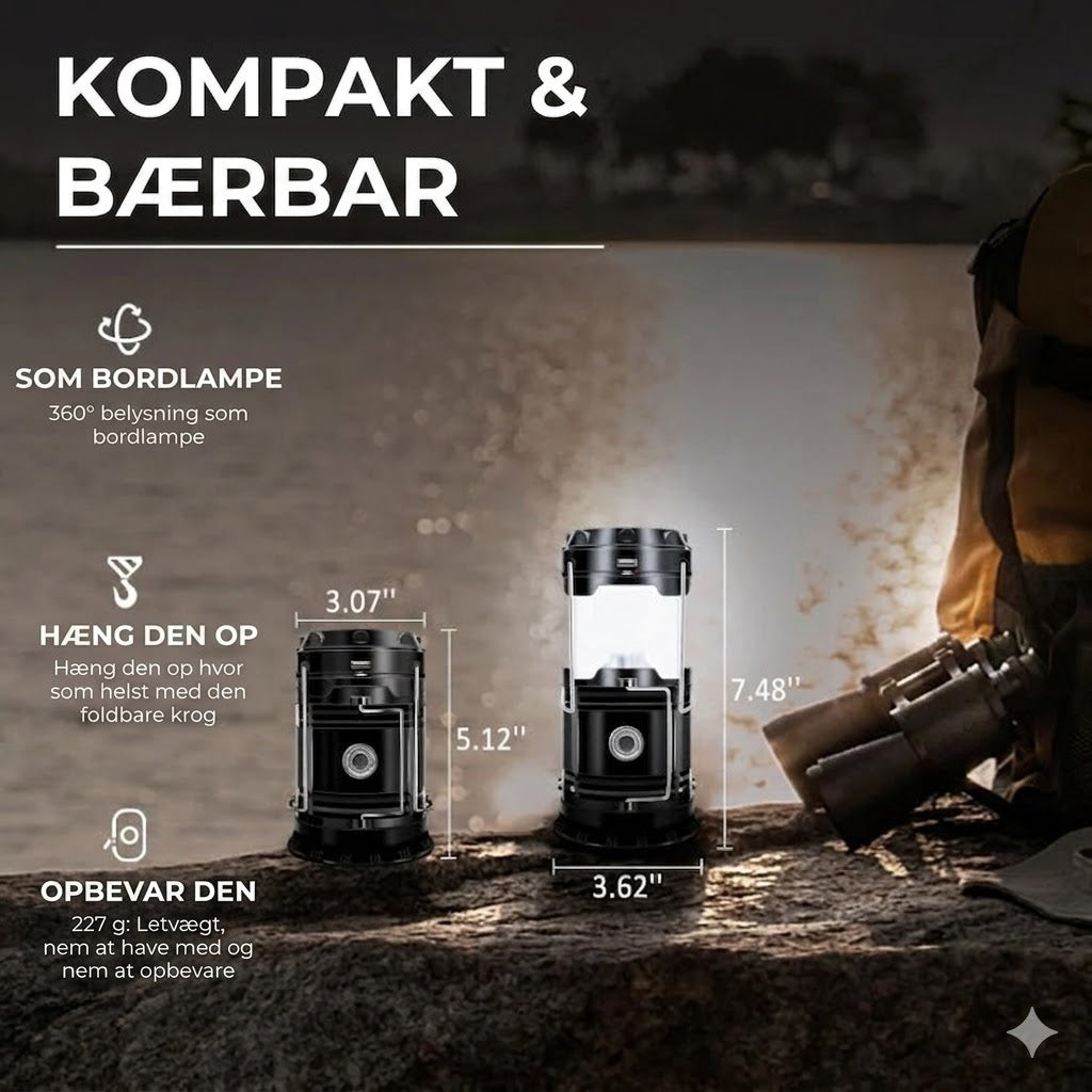 Solcelledrevet + USB campinglanterne og lommelygte
