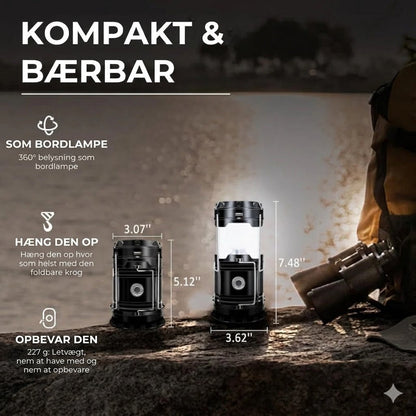 Solcelledrevet + USB campinglanterne og lommelygte