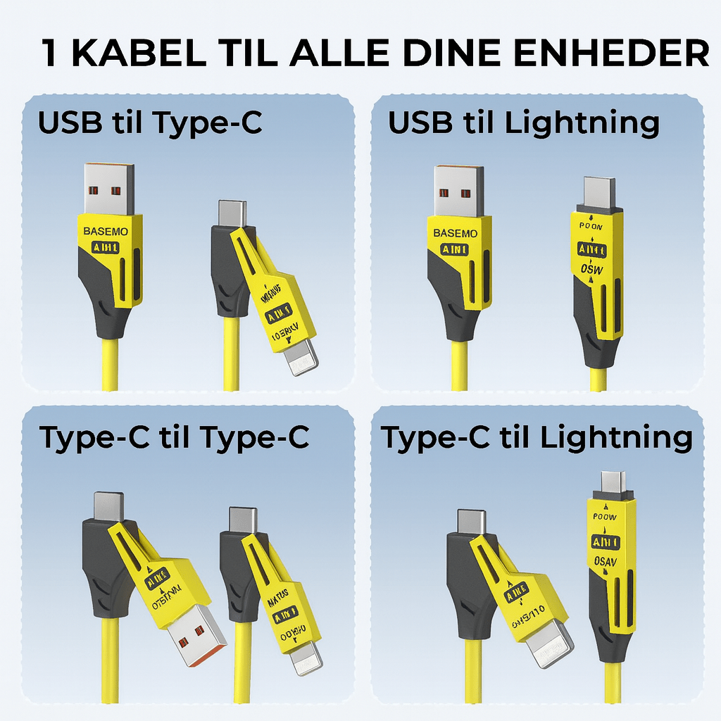 4-i-1 Udtrækkeligt Opladerkabel™ | Ét kabel til alle dine enheder – kompakt, kraftfuldt og klar på farten!