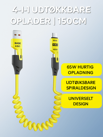 4-i-1 Udtrækkeligt Opladerkabel™ | Ét kabel til alle dine enheder – kompakt, kraftfuldt og klar på farten!
