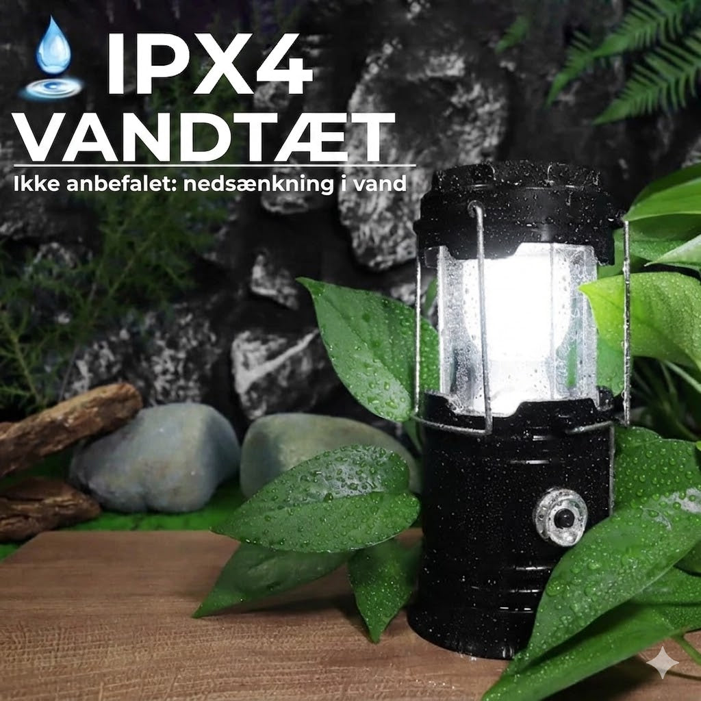 Solcelledrevet + USB campinglanterne og lommelygte