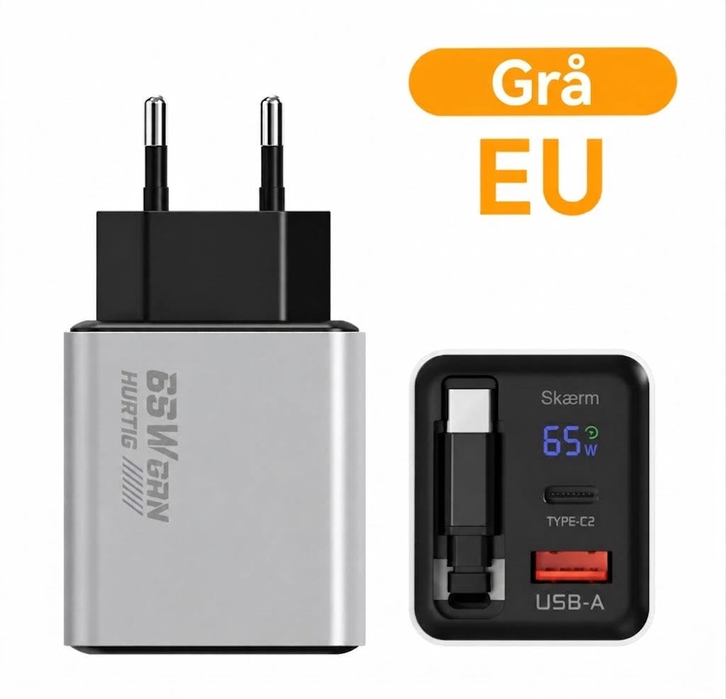 65W Type-C hurtiglader på 80 cm med USB- og Type-C-tilslutning