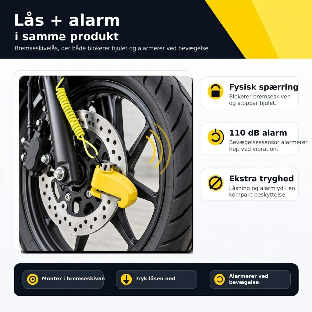 Alarmlås 110 dB – Bremseskivelås til cykel, knallert & MC