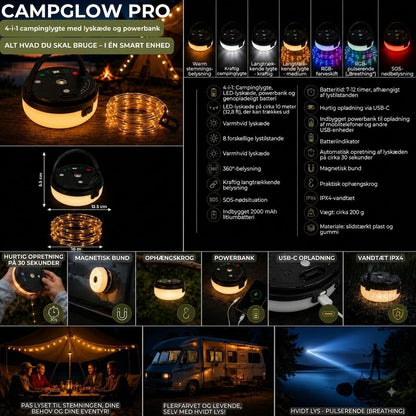 CampGlow PRO – 4-i-1 genopladelig campinglampe