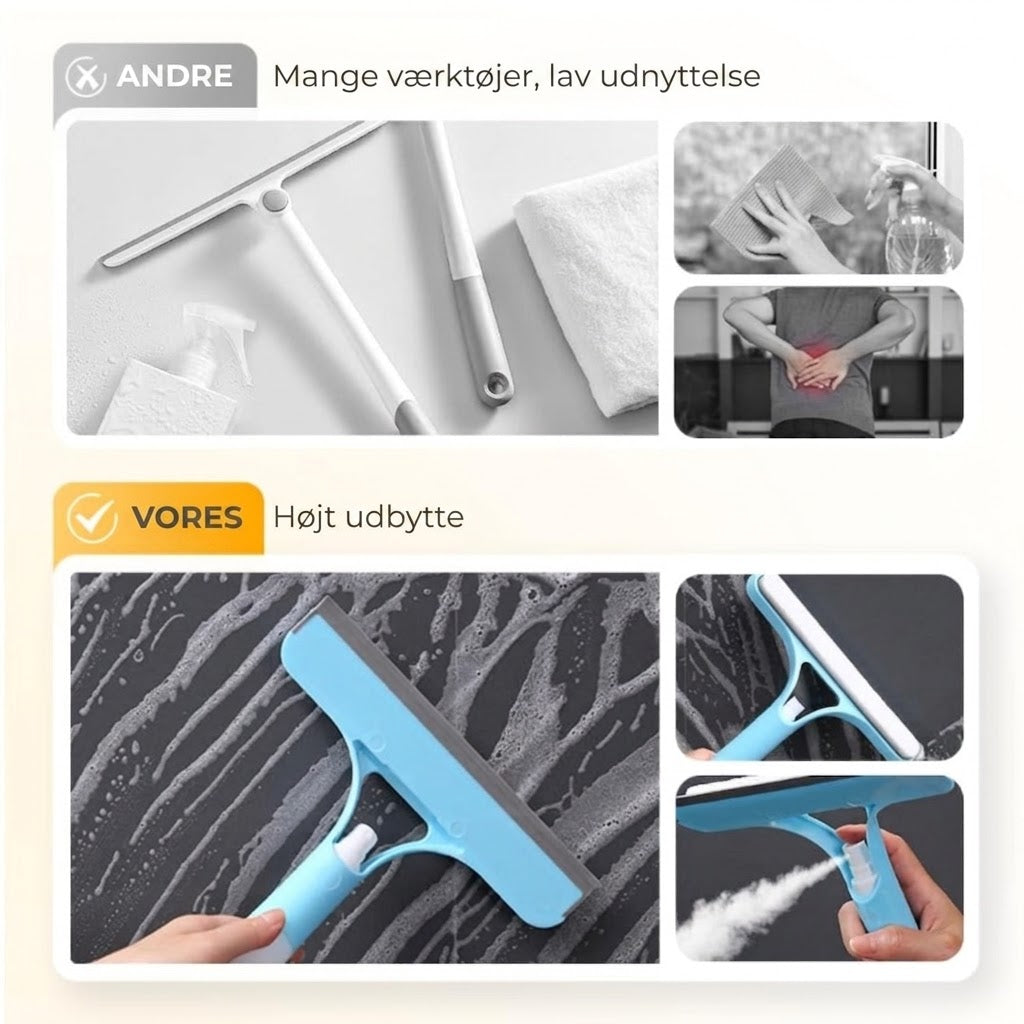 3-i-1 vinduespudser med indbygget sprayflaske