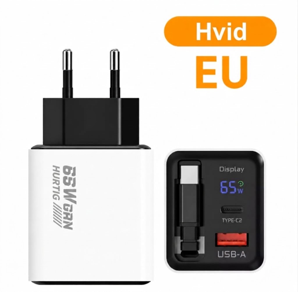 65W Type-C hurtiglader på 80 cm med USB- og Type-C-tilslutning
