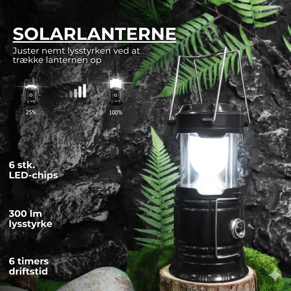 Solcelledrevet + USB campinglanterne og lommelygte