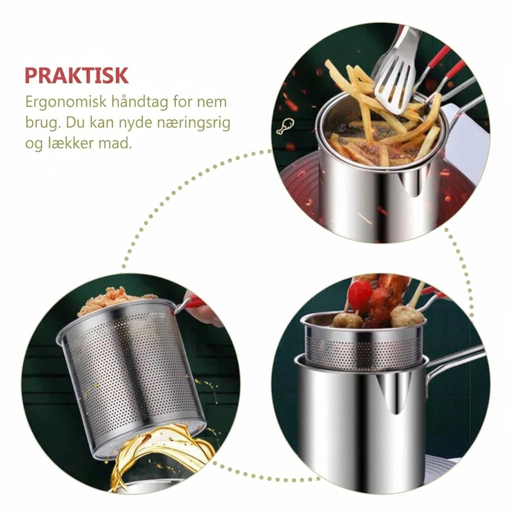 🥘 Multifunktionel Frituregryde i 304 Rustfrit Stål | Oliebesparende & Stænktæt