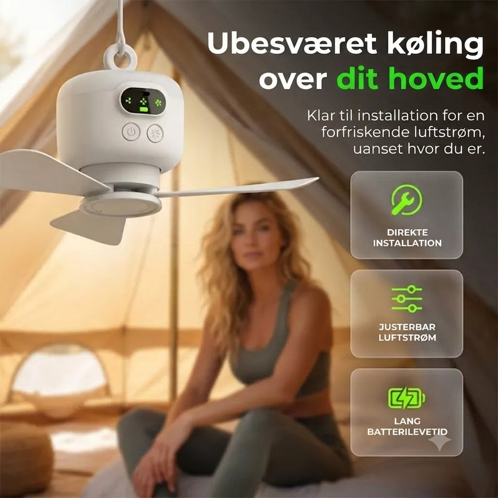 Genopladelig ventilator med LED-belysning – afkøling og klart lys overalt ✨