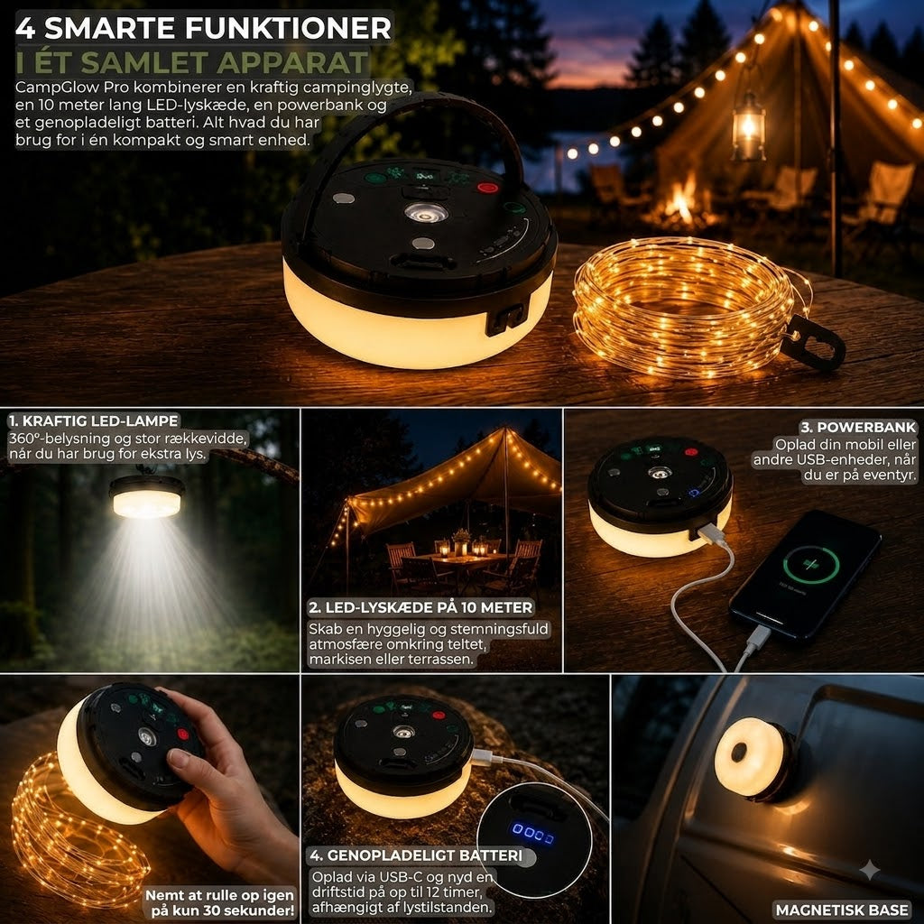 CampGlow PRO – 4-i-1 genopladelig campinglampe