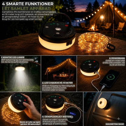 CampGlow PRO – 4-i-1 genopladelig campinglampe