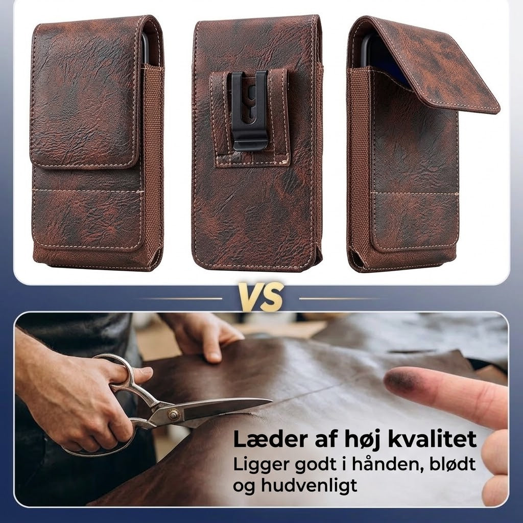 Bæltetaske i læder til mobiltelefon