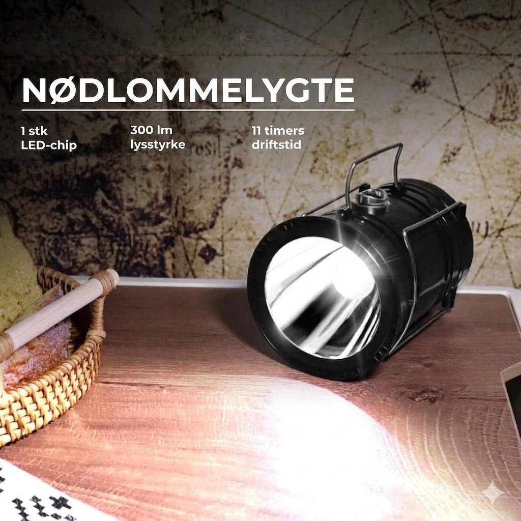 Solcelledrevet + USB campinglanterne og lommelygte