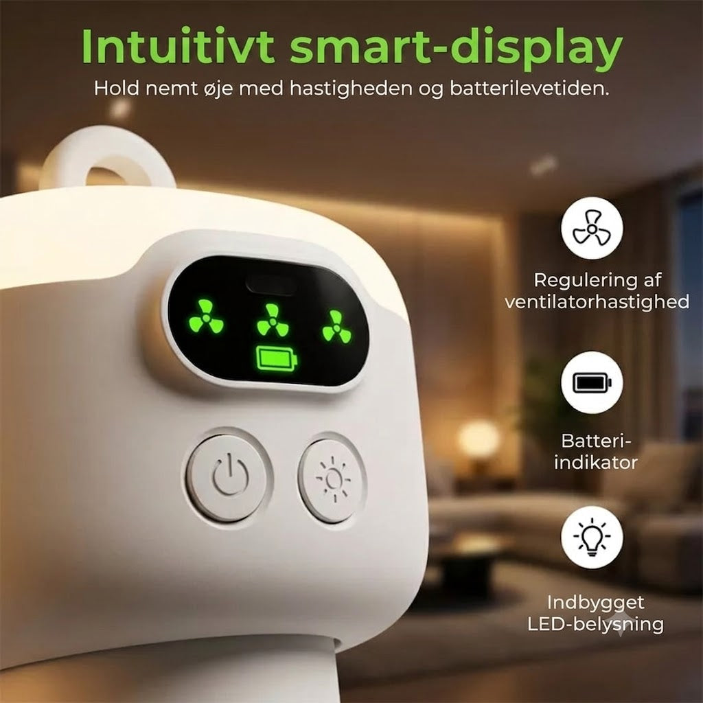 Genopladelig ventilator med LED-belysning – afkøling og klart lys overalt ✨