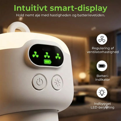 Genopladelig ventilator med LED-belysning – afkøling og klart lys overalt ✨