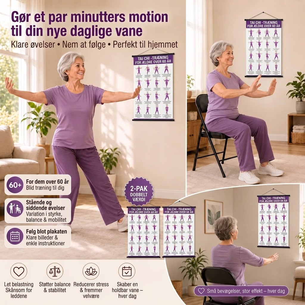 Tai Chi stoletræning – Sæt med 2 plakater til nem hjemmetræning (60+)