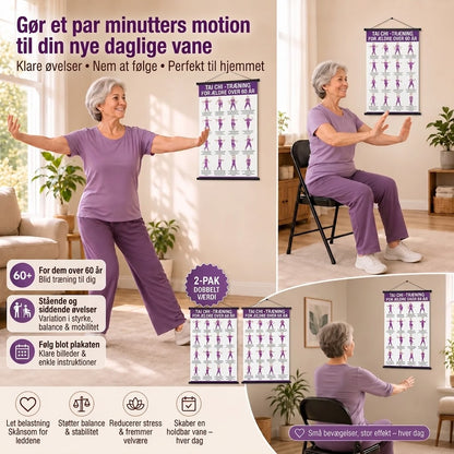 Tai Chi stoletræning – Sæt med 2 plakater til nem hjemmetræning (60+)