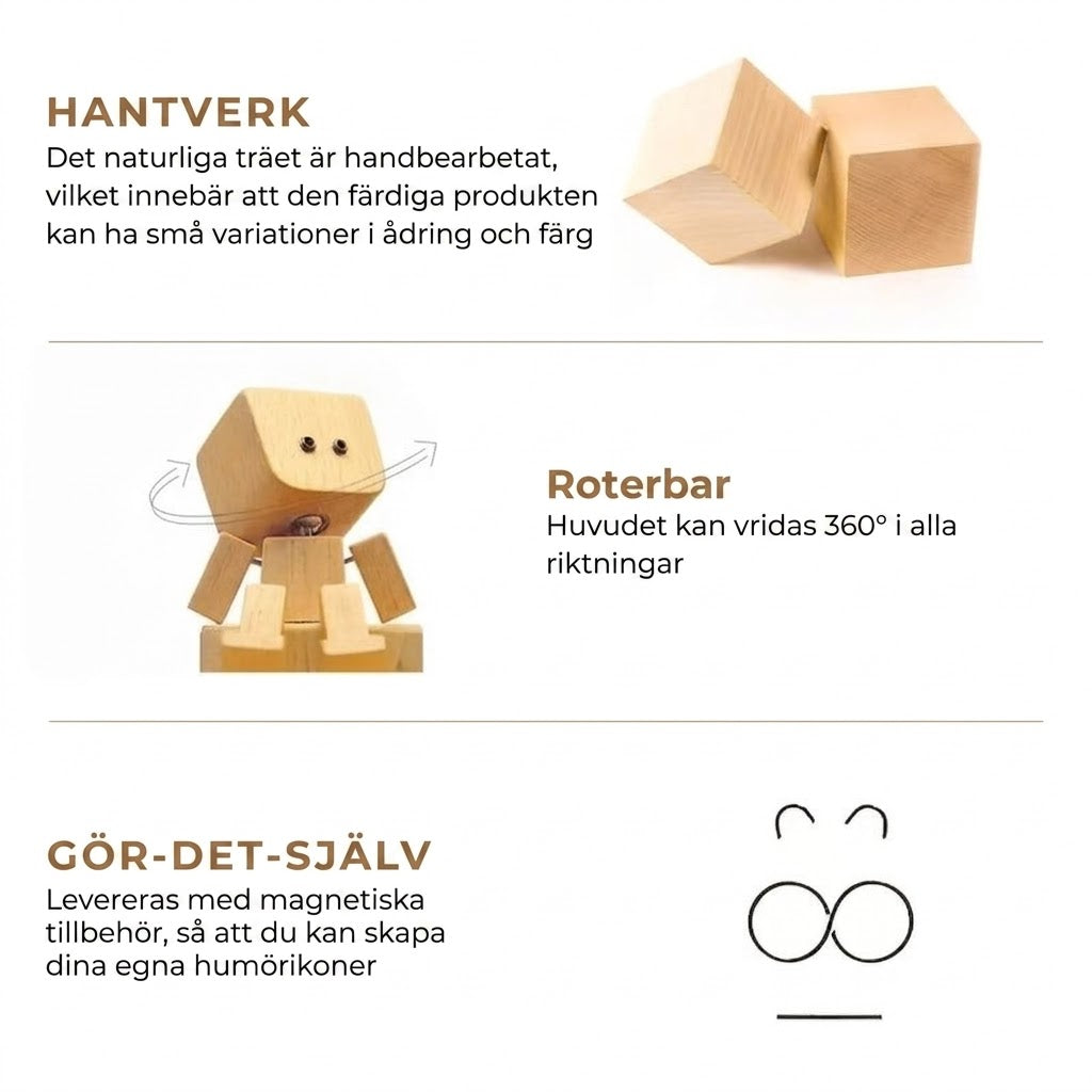 Charmig liten träfigur med 12 magnetiska ansiktsuttryck