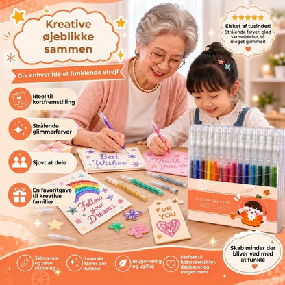 Pletbestandig sæt med glittergelpenne