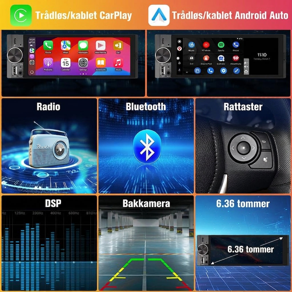 6,36-tommer trådløs smart touchskærm | Bluetooth | Stemmestyring | HD-multimedieskærm