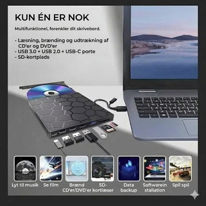 Eksternt CD/DVD-drev 8-i-1 – læs, brænd og gem film, musik og fotos