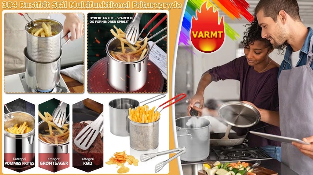 🥘 Multifunktionel Frituregryde i 304 Rustfrit Stål | Oliebesparende & Stænktæt