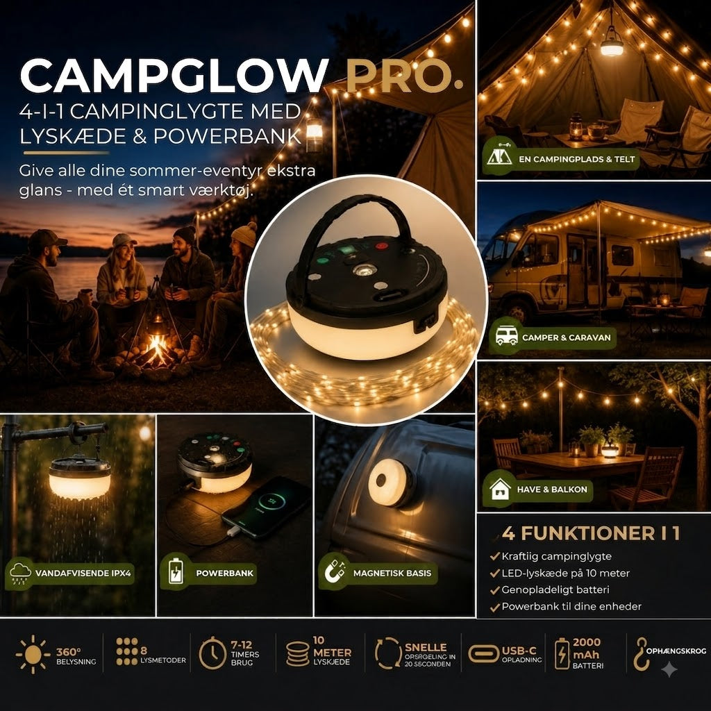 CampGlow PRO – 4-i-1 genopladelig campinglampe
