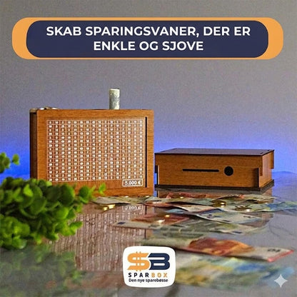 Sparebøsse i træ med tæller og krydsfelt