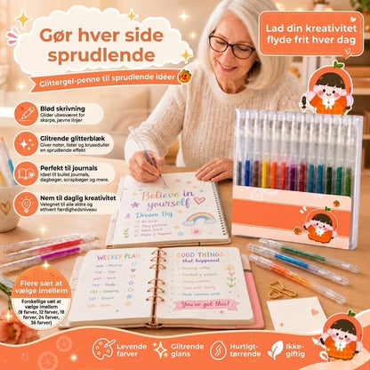 Pletbestandig sæt med glittergelpenne