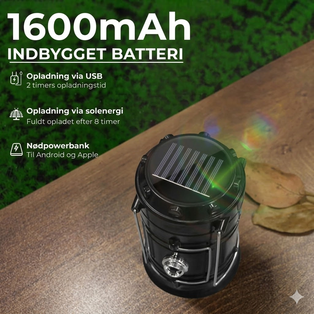 Solcelledrevet + USB campinglanterne og lommelygte
