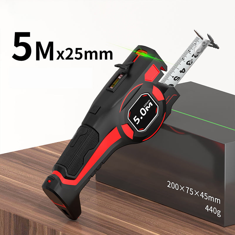 Målebånd med laserguide og vaterpas